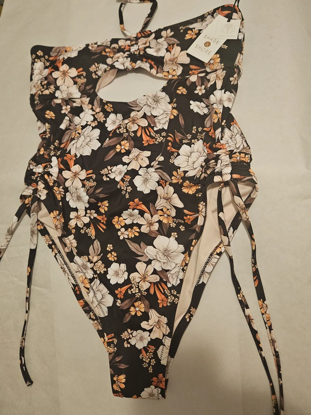 Shade & Shore Black One-Piece Swimsuit with Pink Floral Print